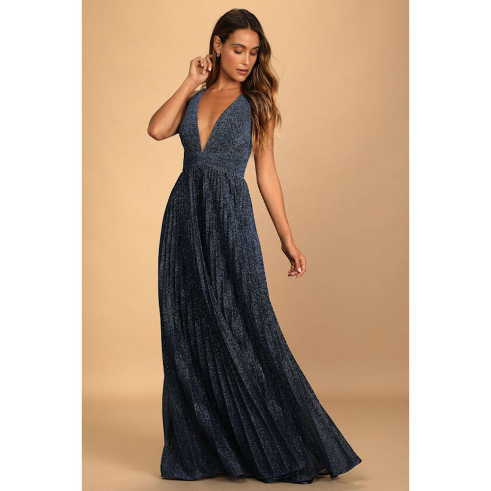 Lulus Especially Stunning Blue Sparkly Pleated Maxi Dress - Size M